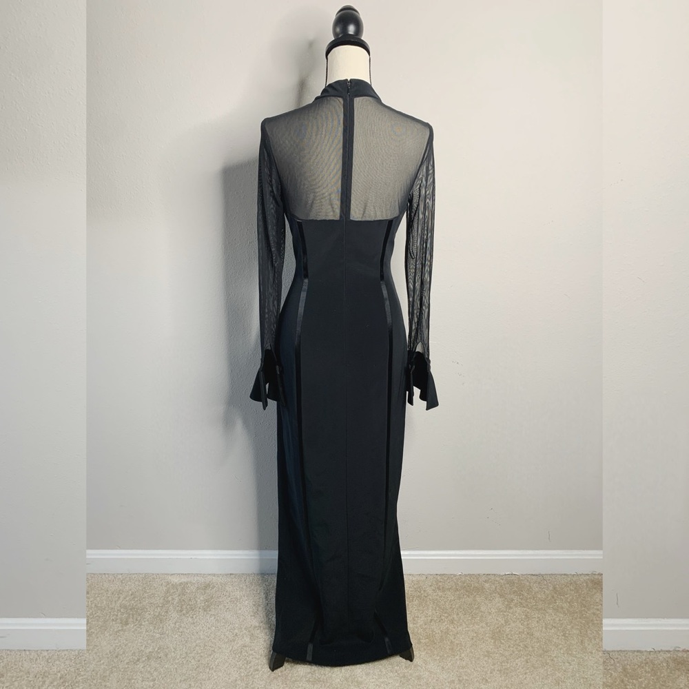 Oleg Cassini Black Sheer Mesh Long Sleeve High Split Maxi Formal Maxi Gown - Picture 10 of 16